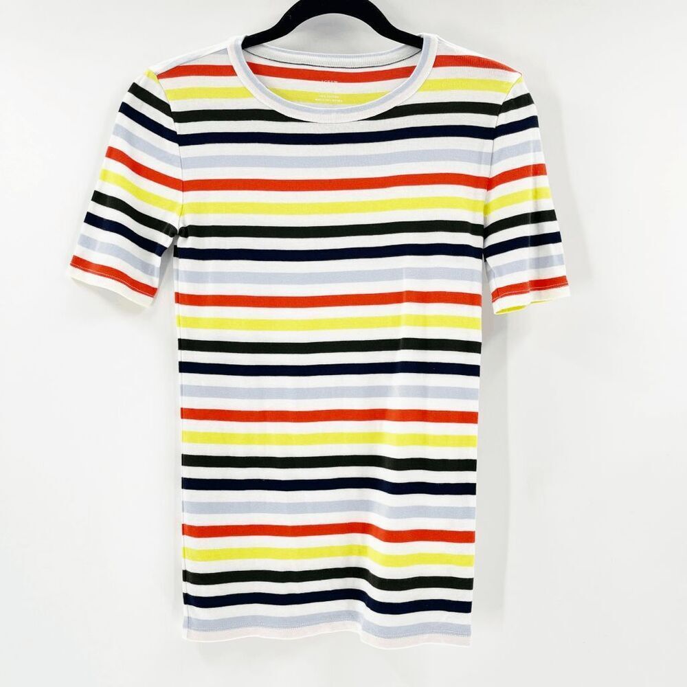 J.Crew Womens Striped Tee T Shirt Size S Red Black Yellow Crew Neck Short Sleeve